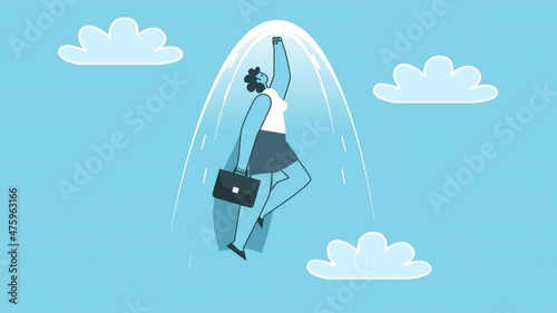 Woman Superhero with Briefcase Flies Up at High Speed. Flat Design Cartoon Character Isolated Loop 2d Animation with Alpha Channel