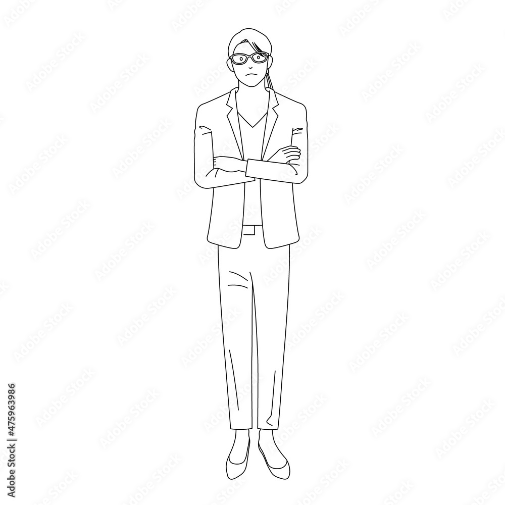 Illustration of a businesswoman with folded arms(white background, vector, cut out, line art)