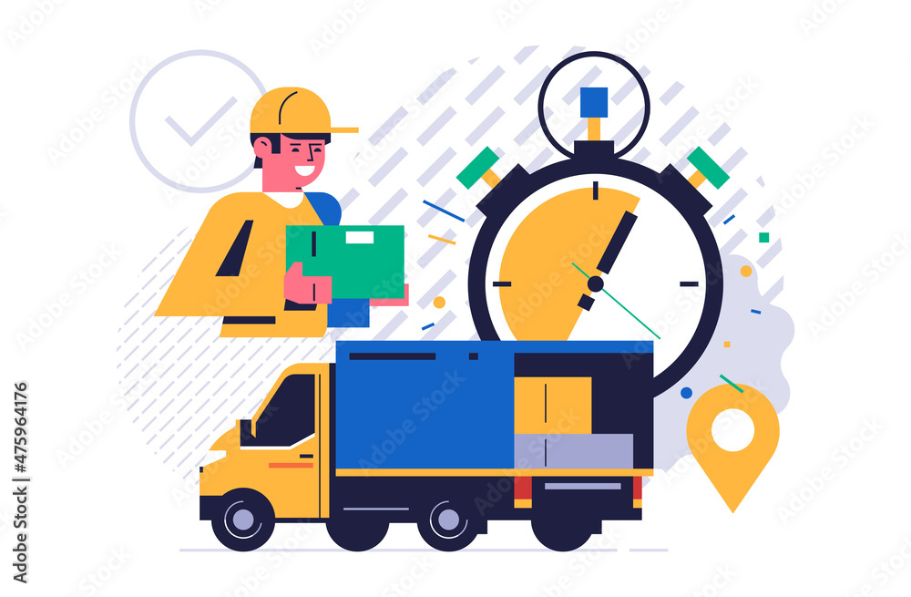 Online parcel delivery service concept. Online service for fast delivery of parcel to your home. Happy courier handing over a box with an order from the truck. Stopwatch. Flat vector illustration Online parcel delivery service concept. Online service for fast delivery of parcel to your home. Happy courier handing over a box with an order from the truck. Stopwatch. Flat vector illustration