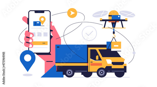 Online parcel delivery service concept. Mobile app concept. Hand holding phone with parcel delivery application on display. Courier truck and flying drone with order box. Fast order transportation.