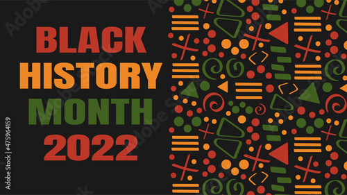 Black History Month 2022 banner with tribal African pattern ornament - red, yellow, green. Background for banner, postcard, flyer vector design