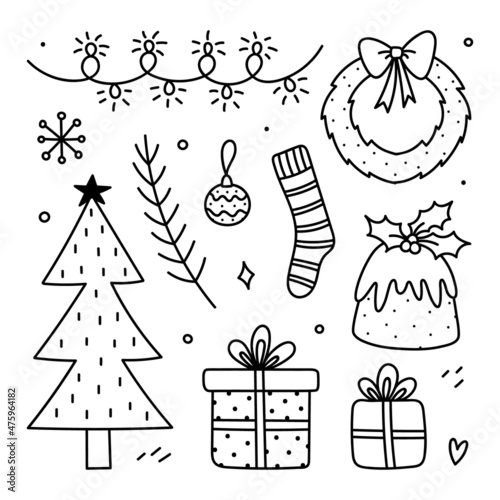 Cute set of winter doodles - Christmas tree, wreath, garland and decorations, gifts, Christmas pudding. Vector cartoon hand-drawn illustration. Perfect for holiday designs, cards, invitations
