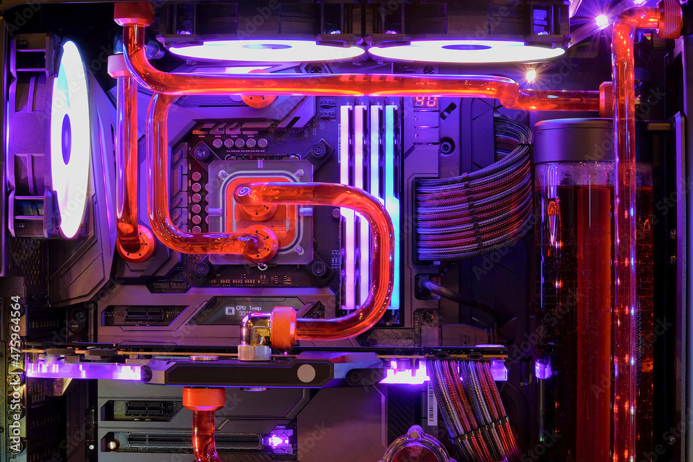 Closeup And Inside High Performance Desktop Pc And Water Cooling System On  Cpu Socket With Multicolored Led Rgb Neon Light Show Status On Working  Stock Photo - Download Image Now - iStock