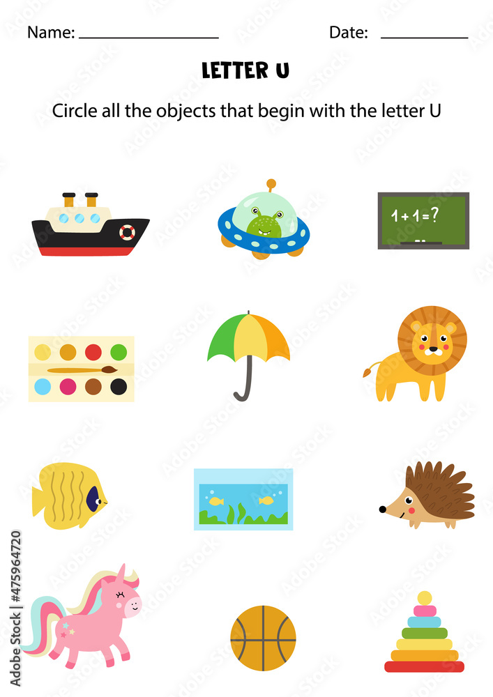 Letter recognition for kids. Circle all objects that start with U