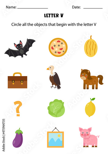 Letter recognition for kids. Circle all objects that start with V.