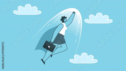 Businesswoman Superhero Flies Up at High Speed Business Concept. Flat Design Cartoon Character Isolated Loop 2d Animation with Alpha Channel