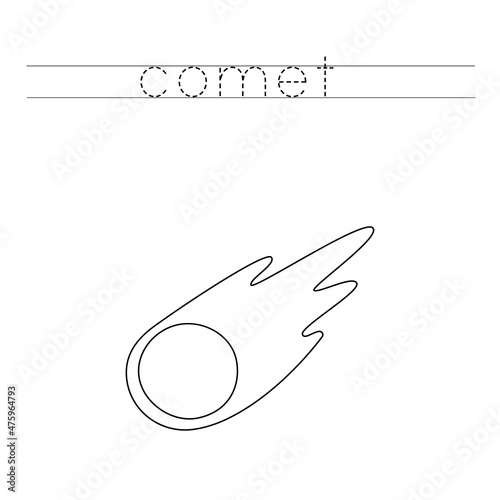 Trace the letters and color space comet. Handwriting practice for kids.