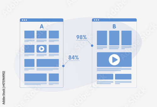 Split test comparison flat vector concept - AB testing with randomized experiments campaign. Smartphone with two A-B websites with a different web development UI interface on the screen