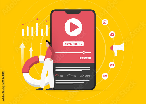 Video Advertising business concept. Online native targeting programmatic advertising marketing strategy. Inbound digital marketing business promotion with online broadcasting, streaming video content
