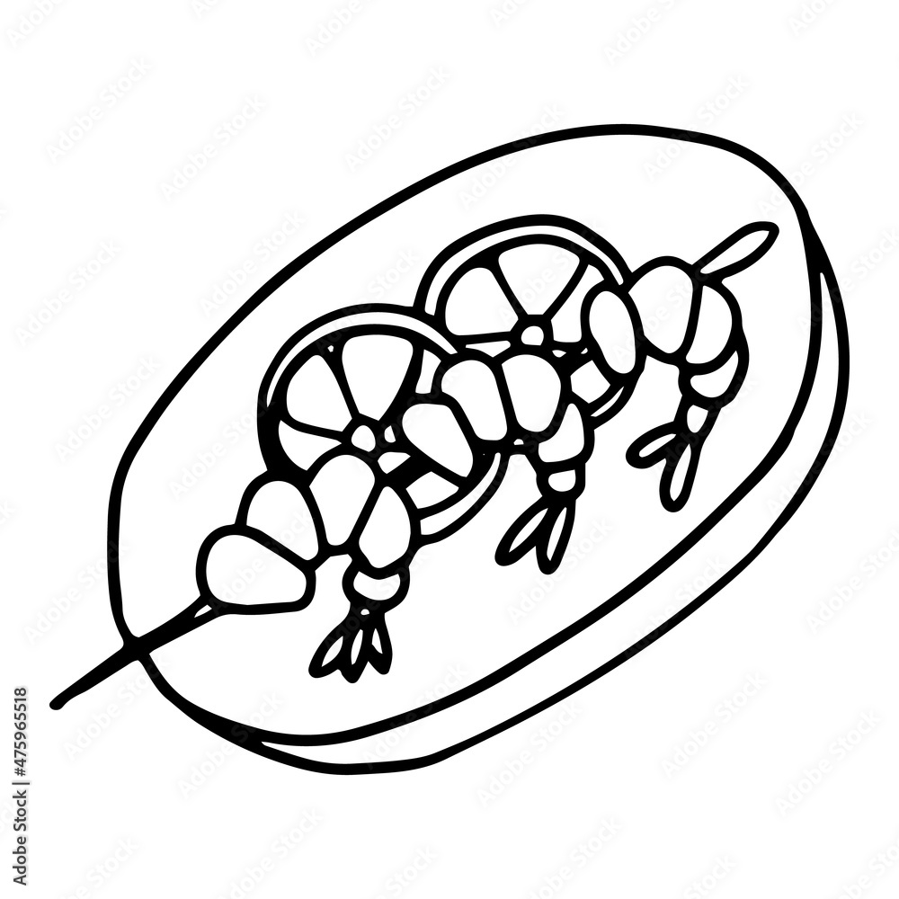Fototapeta premium Shrimp kebab in doodle style. Isolated vector.