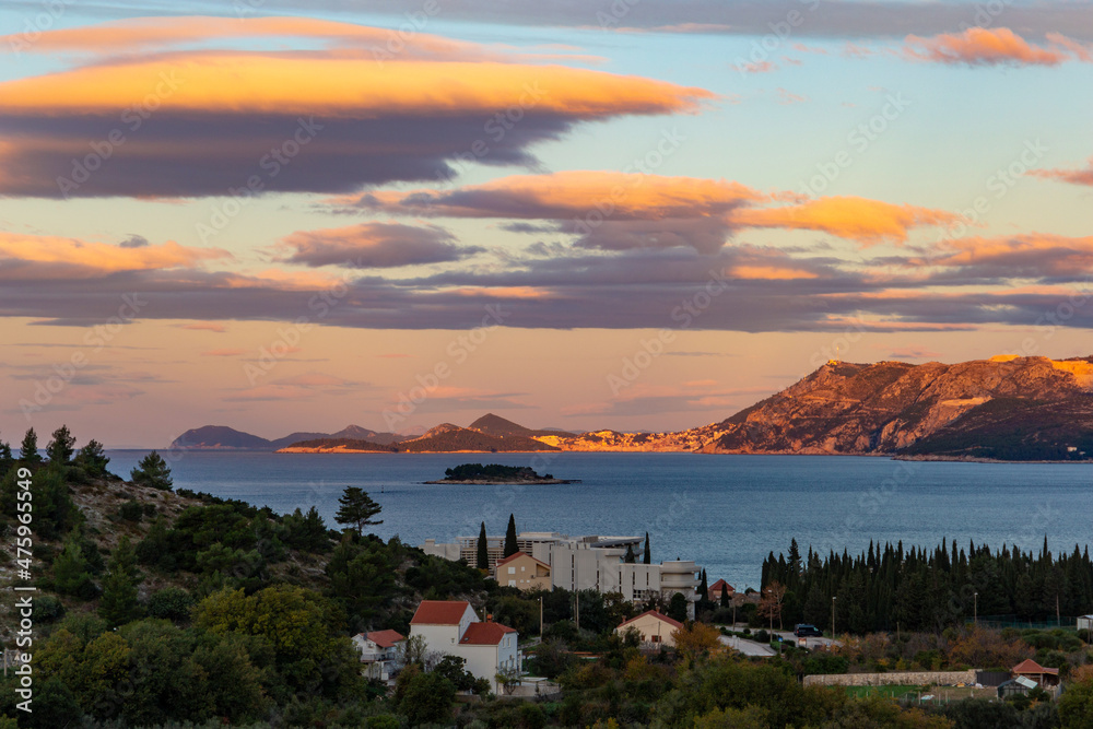 Sunset over adriatic coast. Croatia.