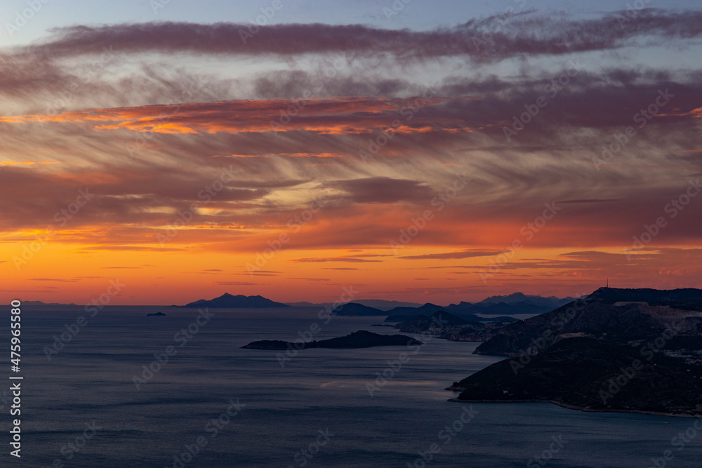 Fototapeta premium Sunset view from Croatians montains, to Dalmatian coast of the Adriatic Sea.