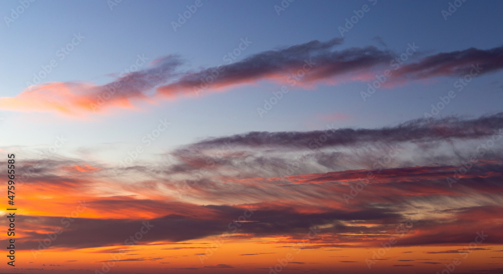 Real sunset sky with gentle colorful clouds without birds. Natural background.