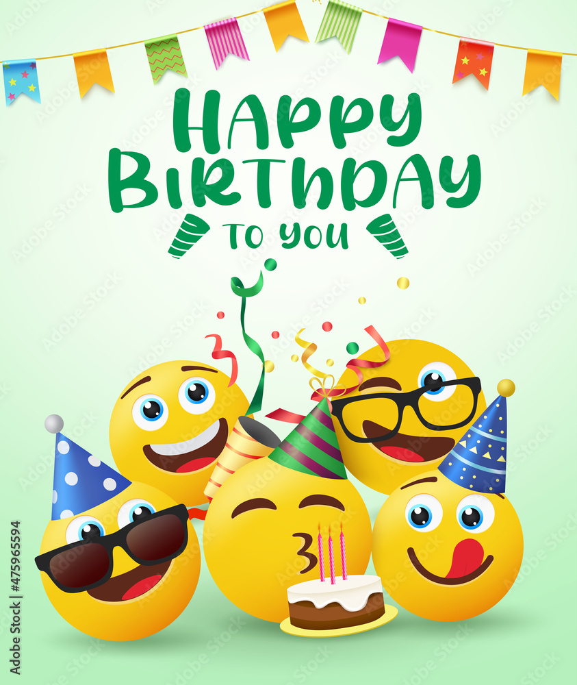 Fototapeta premium Birthday smileys vector design. Happy birthday to you text with celebrating emoji blowing cake candle for party greeting and birth day celebrant smileys. Vector illustration. 