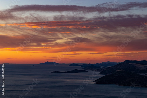 Sunset view from Croatians montains  to Dalmatian coast of the Adriatic Sea.