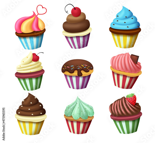 Birthday cupcakes vector set design. Cup cakes and muffins birth day dessert with sprinkles and toppings decoration elements for party sweets and cakes. Vector illustration. 