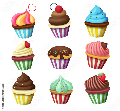 Birthday cupcakes vector set design. Cup cakes and muffins birth day dessert with sprinkles and toppings decoration elements for party sweets and cakes. Vector illustration.
