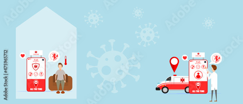 Online health services. Health check online via mobile phone 24 hour emergency medical service. Flat design vector illustration. Health Assessment and Medical Technology.