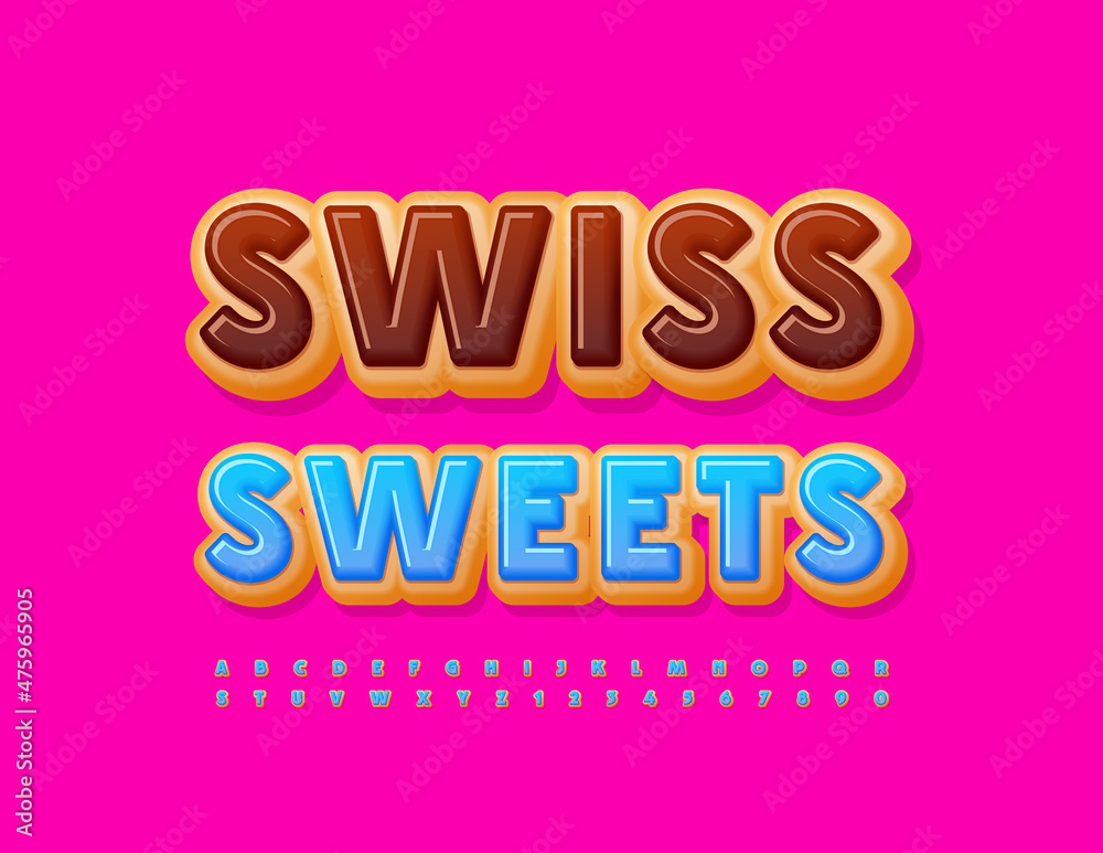 Vector stylish logo Swiss Sweets. Blue Glazed Font. Delicious set of cake Alphabet Letters and Numbers