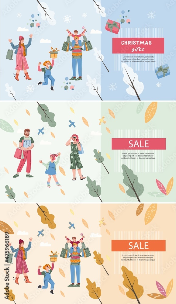 Seasonal sale banners set for different commercial year events with family members shopping goods. Discount and big sale special offer posters or flyers template, vector illustration.