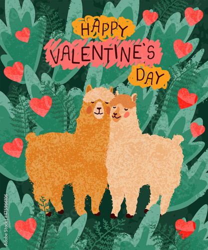 Vector colorful Valentines Day greeting card with cute illustration a couple of llamas in love. Flyers, invitation, poster, brochure, banner