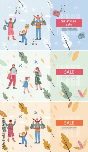 Seasonal sale banners set for different commercial year events with family members shopping goods. Discount and big sale special offer posters or flyers template, vector illustration.