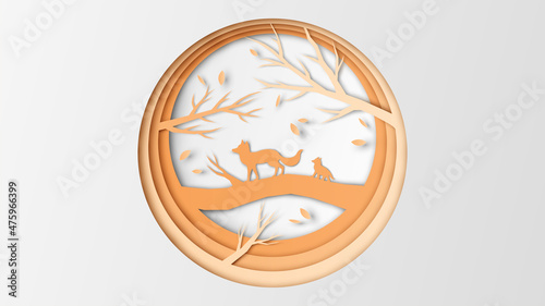 Mommy and baby fox are walking in the autumn forest. Fox family is happy in the Autumn. paper cut and craft style. vector, illustration.