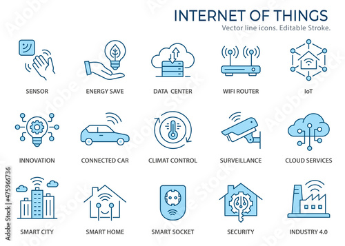 Internet of things icons, such as smart city, artificial intelligence, climate control and more. Vector illustration isolated on white. Editable stroke. Change to any size and any colour.
