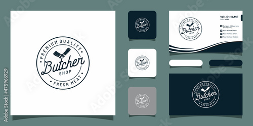 Butcher shop hand written lettering logo, label, badge with business card design template