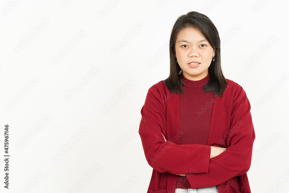 Fold Arms and Looking at Camera Of Beautiful Asian Woman Wearing Red Shirt Isolated On White Fold Arms and Looking at Camera Of Beautiful Asian Woman Wearing Red Shirt Isolated On White