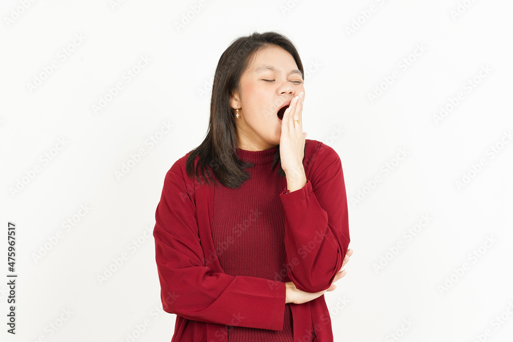 Yawning Woman Of Beautiful Asian Woman Wearing Red Shirt Isolated On White Background Yawning Woman Of Beautiful Asian Woman Wearing Red Shirt Isolated On White Background