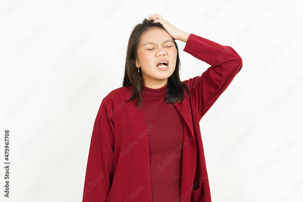 Headache Gesture Of Beautiful Asian Woman Wearing Red Shirt Isolated On White Background Headache Gesture Of Beautiful Asian Woman Wearing Red Shirt Isolated On White Background