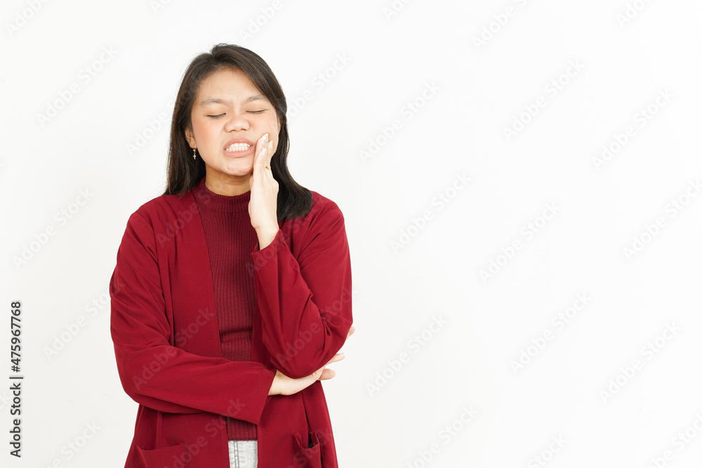 Toothache Gesture Of Beautiful Asian Woman Wearing Red Shirt Isolated On White Background Toothache Gesture Of Beautiful Asian Woman Wearing Red Shirt Isolated On White Background