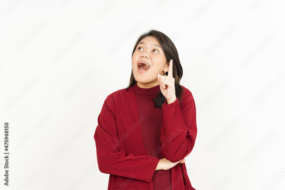 Thinking Gesture Of Beautiful Asian Woman Wearing Red Shirt Isolated On White Background Thinking Gesture Of Beautiful Asian Woman Wearing Red Shirt Isolated On White Background