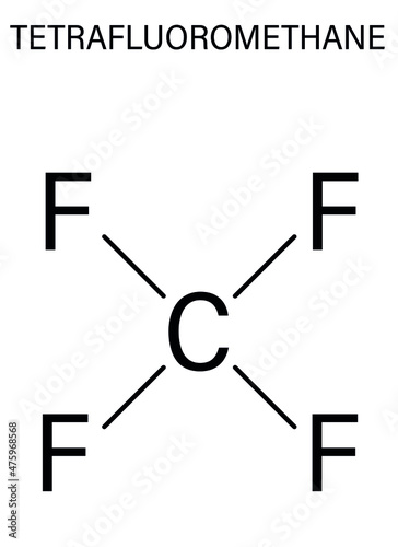 Tetrafluoromethane, carbon tetrafluoride, CF4, greenhouse gas molecule. Skeletal formula.