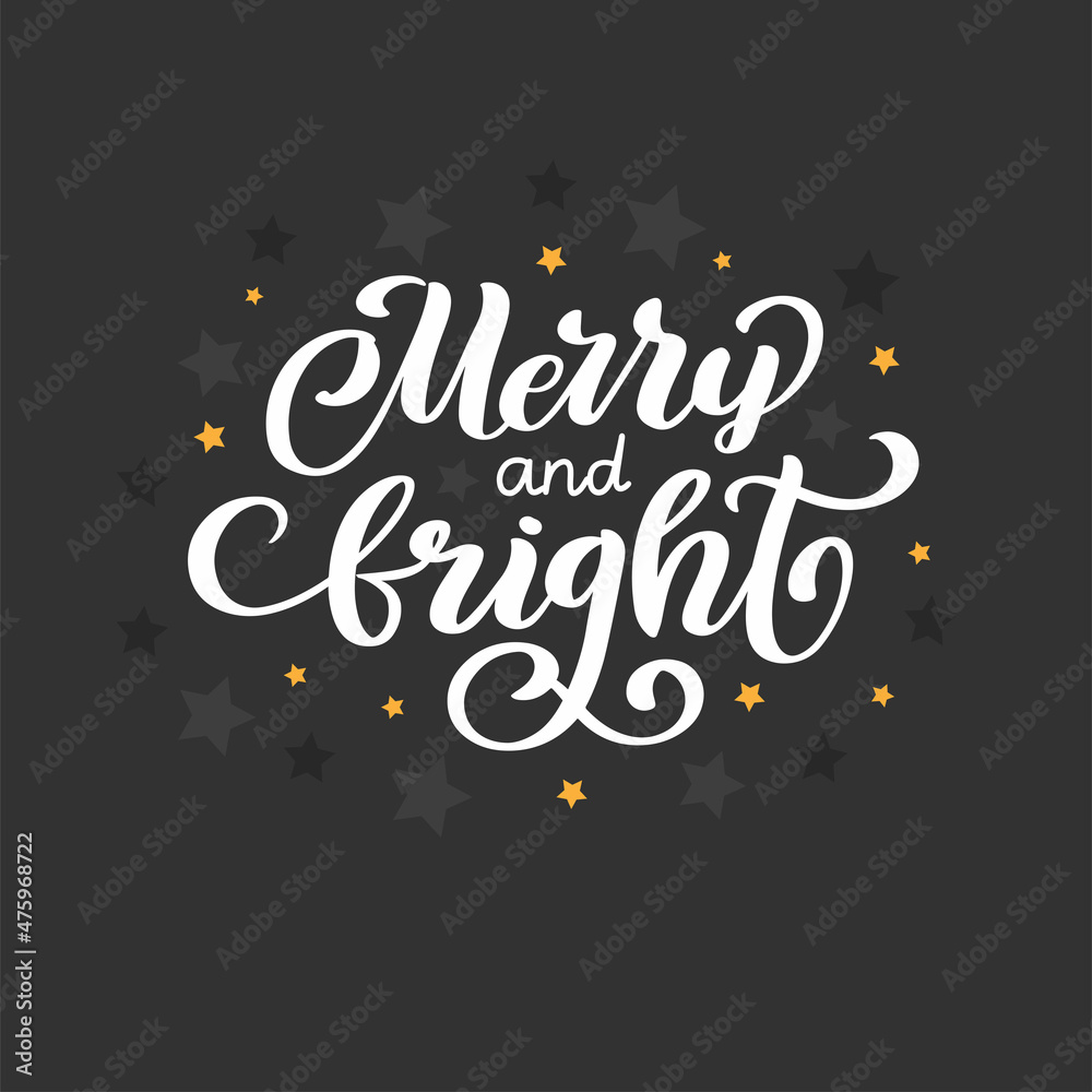 Merry and Bright hand drawn vector lettering. Isolated on darck background. Lettering celebration logo. Typography for winter holidays.
