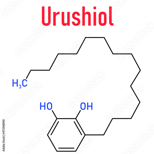 Urushiol poison ivy allergen molecule. Also present in poison oak, lacquer tree and poison sumac. Urushiol is a mixture of closely related components, only one of which is shown. Skeletal formula.