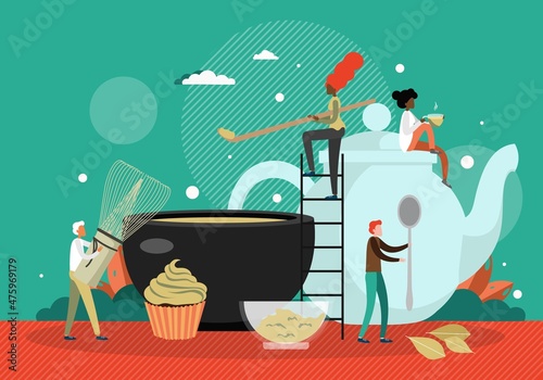 People making healthy and organic matcha green tea, flat vector illustration. Traditional japanese tea ceremony.