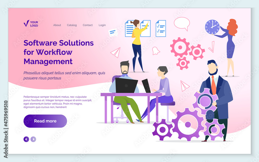 Software solutions for workflow management concept. Business site promotion, optimization, increase efficiency of webpage. Employees working with social media marketing. Website landing page template Software solutions for workflow management concept. Business site promotion, optimization, increase efficiency of webpage. Employees working with social media marketing. Website landing page template