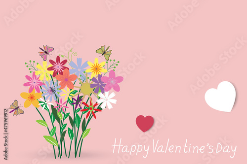Valentine's Day background, many beautiful flowers and butterfly flew to see the flowers. White and red hearts symbolize love.  Vector illustration.
