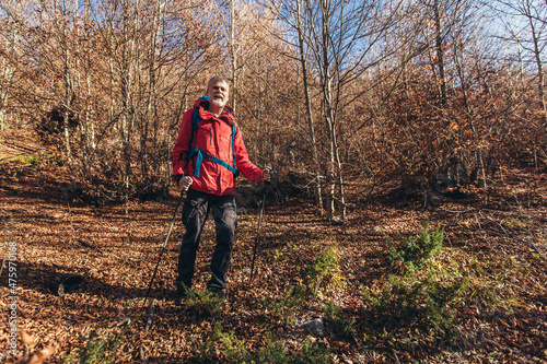 Mature man wearing backpack standing on autumn forest trail hiking alone
