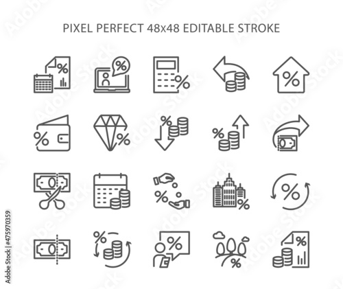 Simple set of tax related vector line icons. Flat, digital icon set for web and mobile. Pixel Perfect 48x48 Editable Stroke.