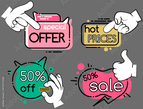 Set of big sale banners. Discount poster template. Hpt price special offer. End of season special proposition banner vector flat style. Best price advertising poster with different hand gestures