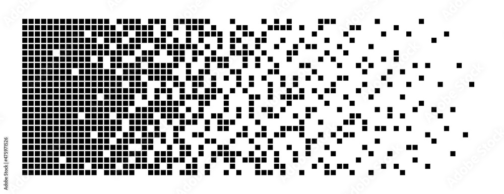Pixel disintegration background. Decay effect. Dispersed dotted pattern. Concept of disintegration. Abstract pixel mosaic texture with simple square particles. Vector illustration on white background.