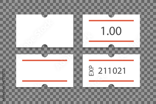 Self-adhesive paper price tag with two red stripes. Blank price label. White sticker to indicate the expiration date. Vector illustration isolated on transparent background.