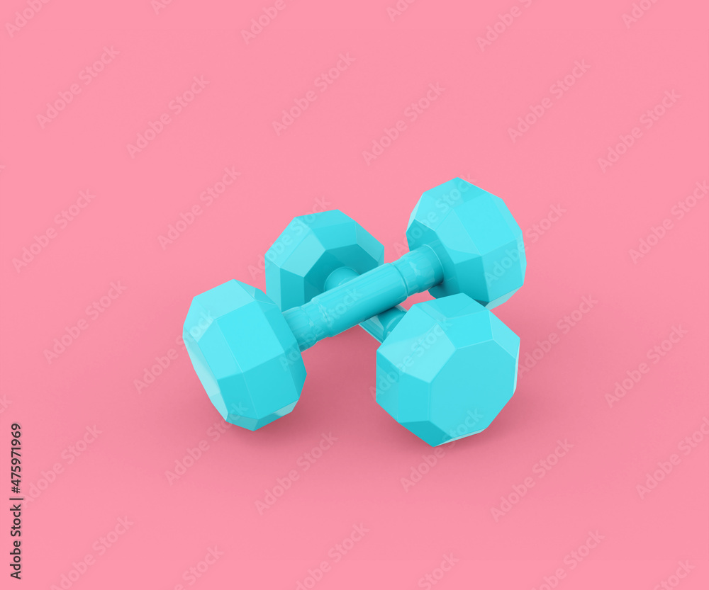 Blue dumbbells on a pink background. Minimalistic design object. 3d rendering. Blue dumbbells on a pink background. Minimalistic design object. 3d rendering.