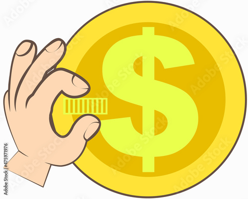 Gold coin with dollar sign isolated on white background. Human hand holding shiner. Piece of money penny as symbol of wealth and success. Income and high earnings in coins. Gold in form of penny