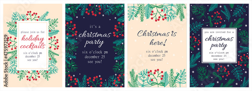Christmas party invitation set. Collection of hand-drawn vector templates. Seasonal elements - branches of pine, spruce, fir, rose hips. Floral frame with copy space, festive flat concept.