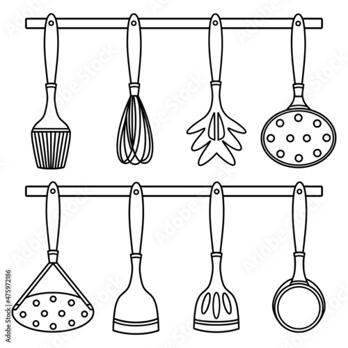 Kitchen tools vector set. Hand-drawn illustration isolated on white background. Cutlery collection for cooking - spatula, ladle, skimmer, whisk, potato crusher, spaghetti spoon. Monochrome sketch