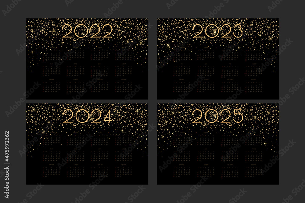 2022 2023 2025 2025 calendar with luxury gold shiny glitter and flares